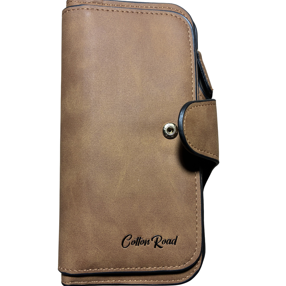 Cotton Road Wallet: Large TAN BROWN PU Leather Purse with 4 Sections FRONT