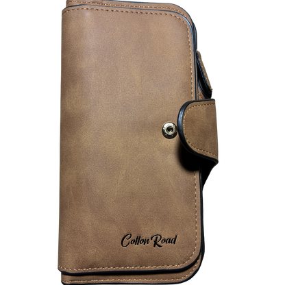 Cotton Road Wallet: Large TAN BROWN PU Leather Purse with 4 Sections FRONT