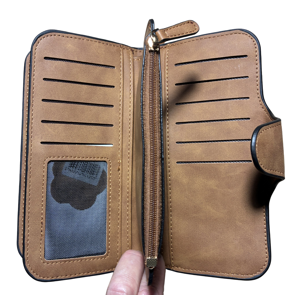 Cotton Road Wallet: Large TAN BROWN PU Leather Purse with 4 Sections OPEN CARD POCKET VIEW