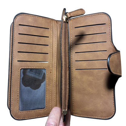 Cotton Road Wallet: Large TAN BROWN PU Leather Purse with 4 Sections OPEN CARD POCKET VIEW