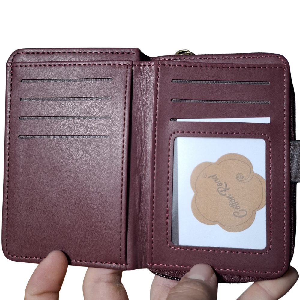 Cotton Road Wallet: MAROON Medium PU Leather Wallet with BROWN clip cover OPEN