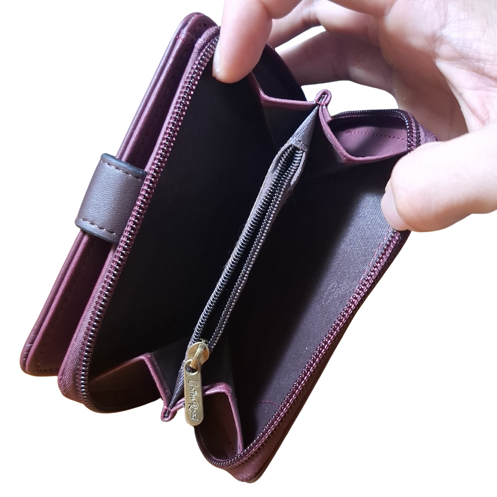 Cotton Road Wallet: MAROON Medium PU Leather Wallet with BROWN clip cover OPEN ZIP