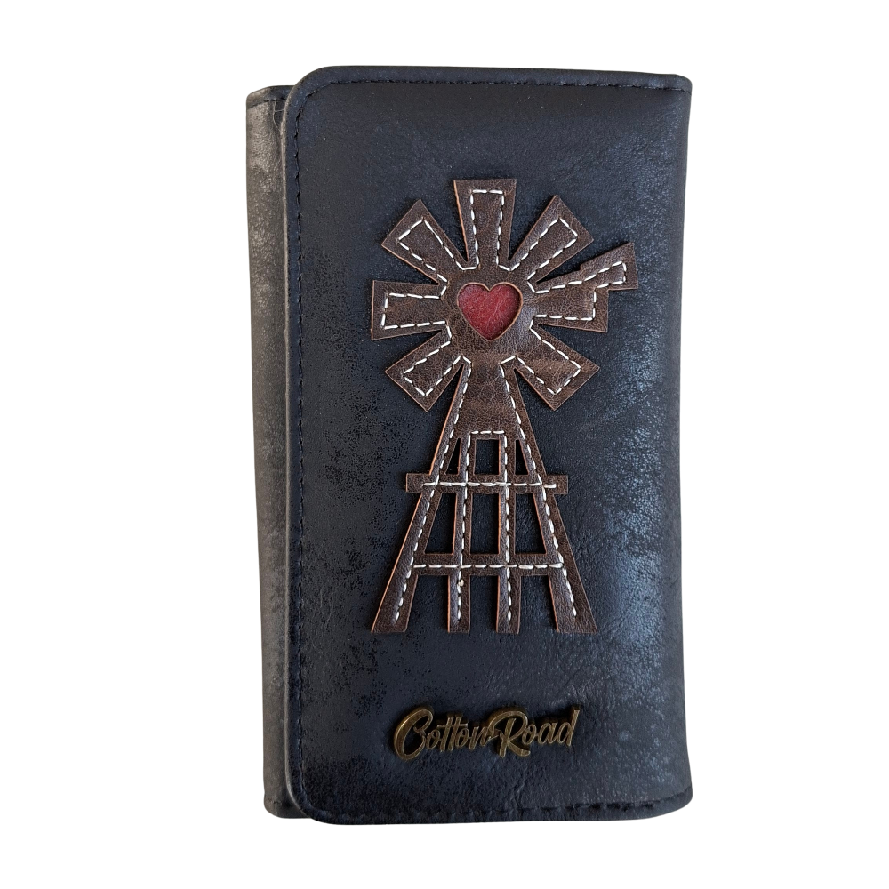 Cotton Road Wallet: Medium BLACK PU Leather Purse with windmill 