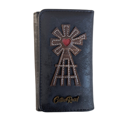 Cotton Road Wallet: Medium BLACK PU Leather Purse with windmill 