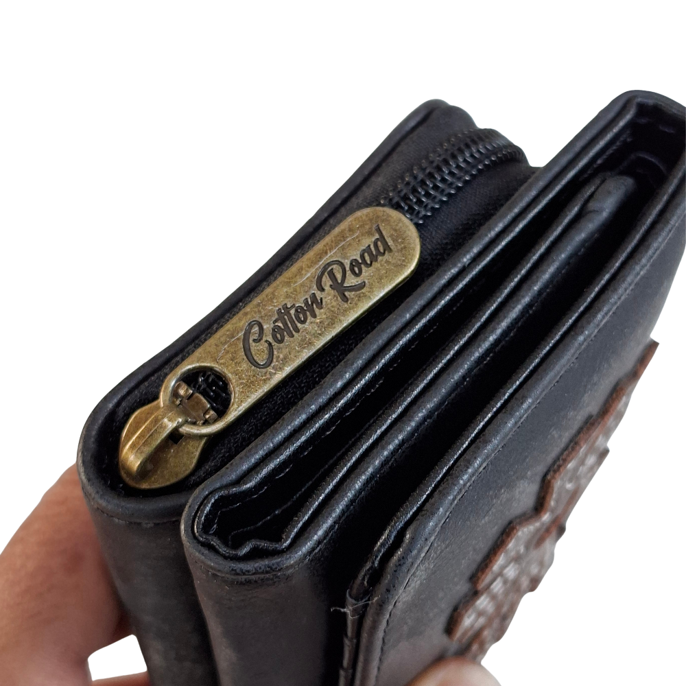 Cotton Road Wallet: Medium BLACK PU Leather Purse with windmill CLOSED SIDE