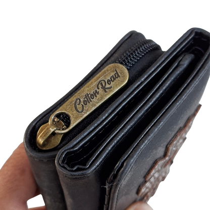 Cotton Road Wallet: Medium BLACK PU Leather Purse with windmill CLOSED SIDE