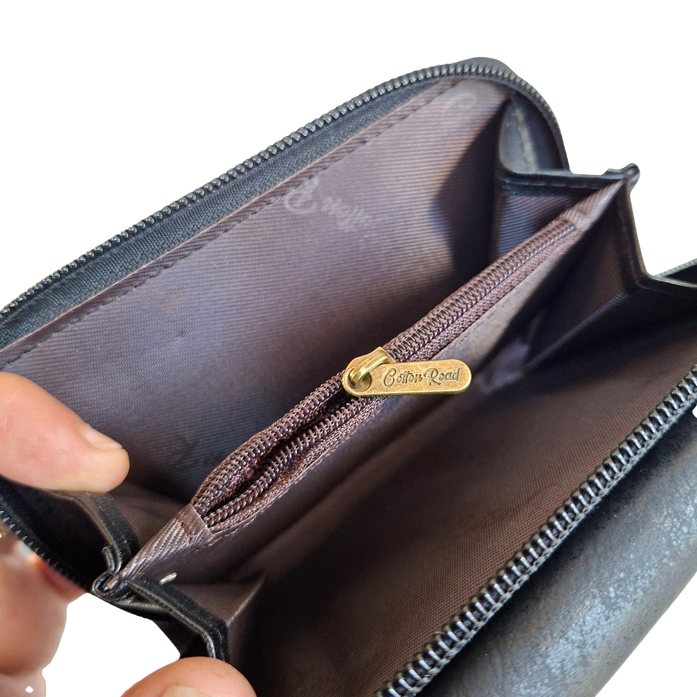 Cotton Road Wallet: Medium BLACK PU Leather Purse with windmill COIN POCKET