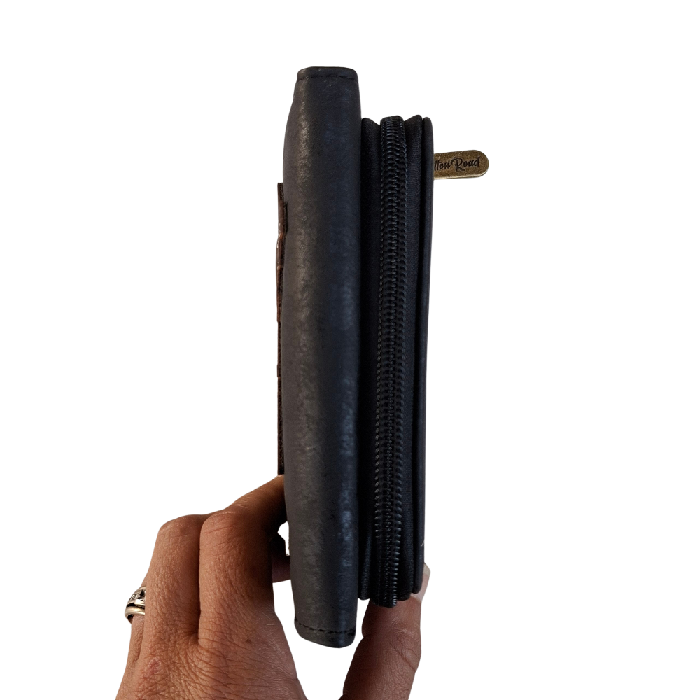 Cotton Road Wallet: Medium BLACK PU Leather Purse with windmill DECALL