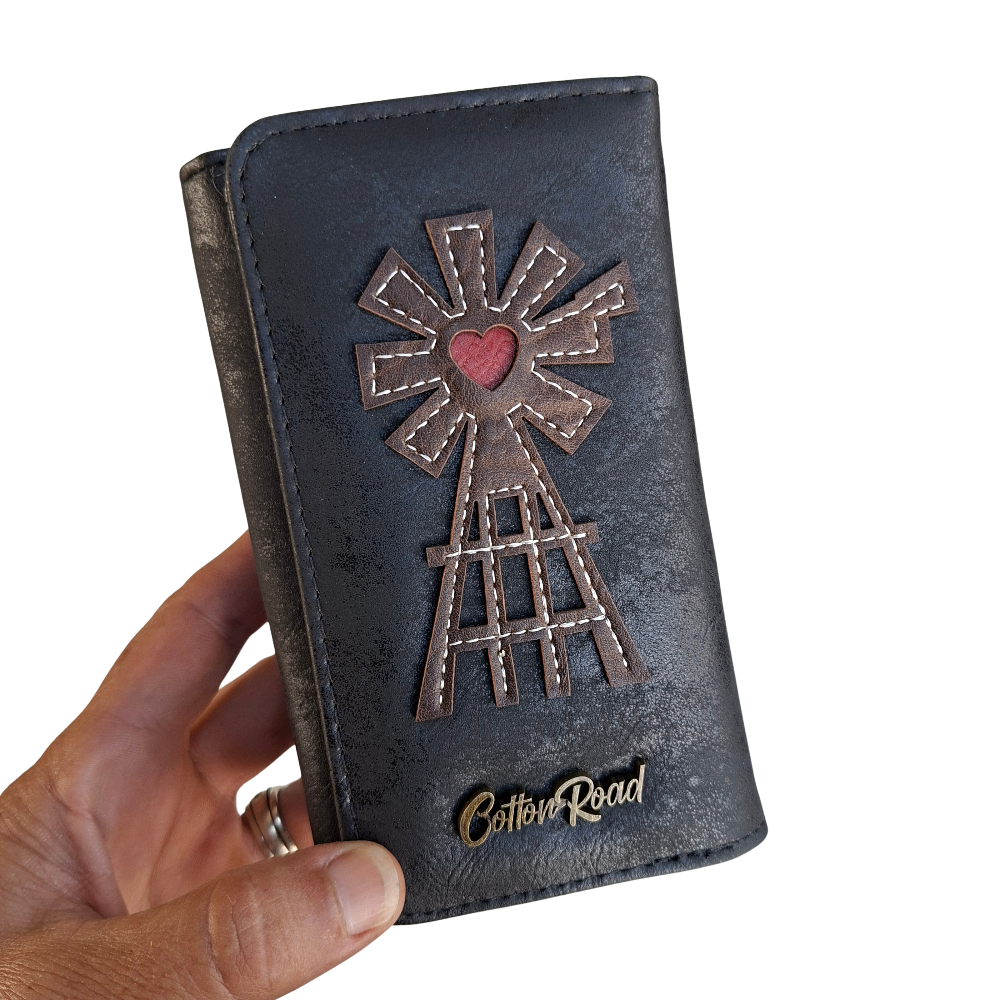 Cotton Road Wallet: Medium BLACK PU Leather Purse with windmill FRONT