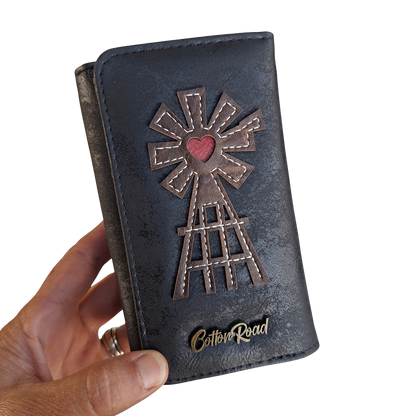 Cotton Road Wallet: Medium BLACK PU Leather Purse with windmill FRONT
