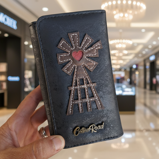 Cotton Road Wallet: Medium BLACK PU Leather Purse with windmill LIFESTYLE
