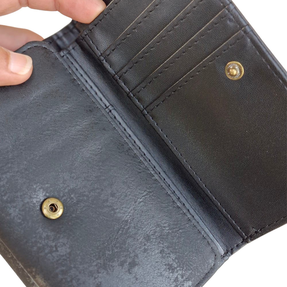 Cotton Road Wallet: Medium BLACK PU Leather Purse with windmill OPEN CLIP