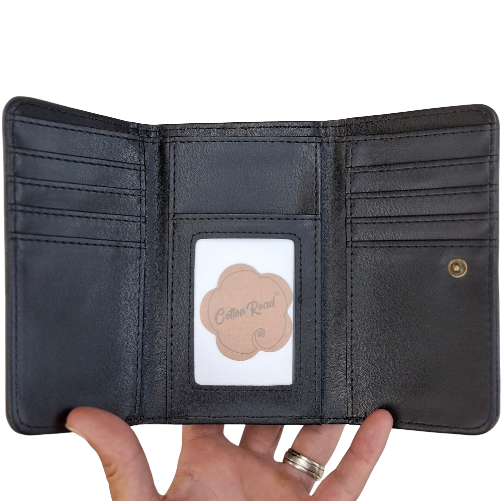 Cotton Road Wallet: Medium BLACK PU Leather Purse with windmill OPEN FOLD