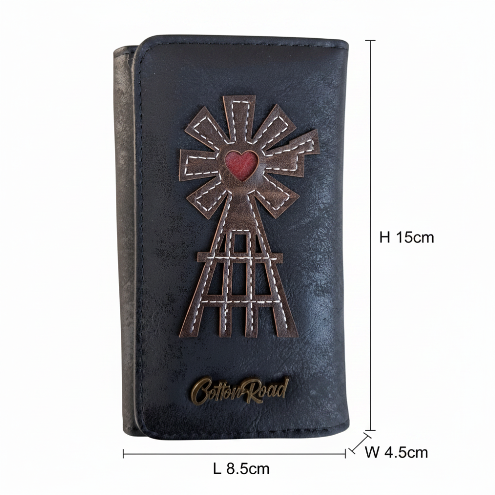 Cotton Road Wallet: Medium BLACK PU Leather Purse with windmill SIZE
