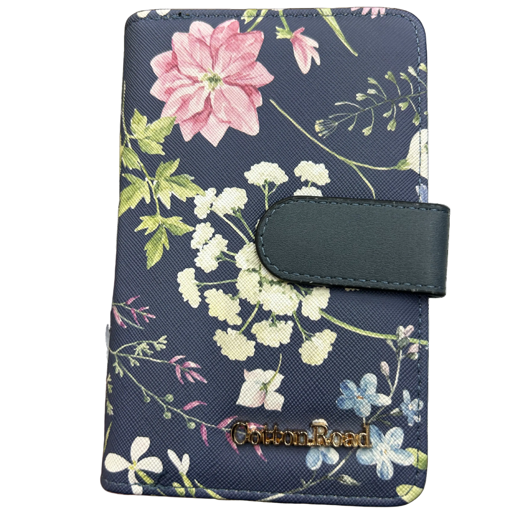 Cotton Road Wallet: Medium BLUE FLORAL PU Leather Wallet FRONT