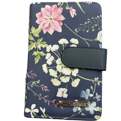 Cotton Road Wallet: Medium BLUE FLORAL PU Leather Wallet FRONT