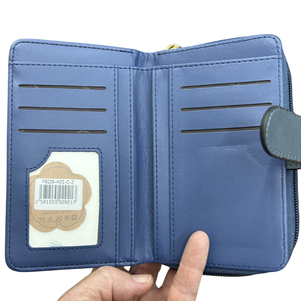 Cotton Road Wallet: Medium BLUE FLORAL PU Leather Wallet OPEN