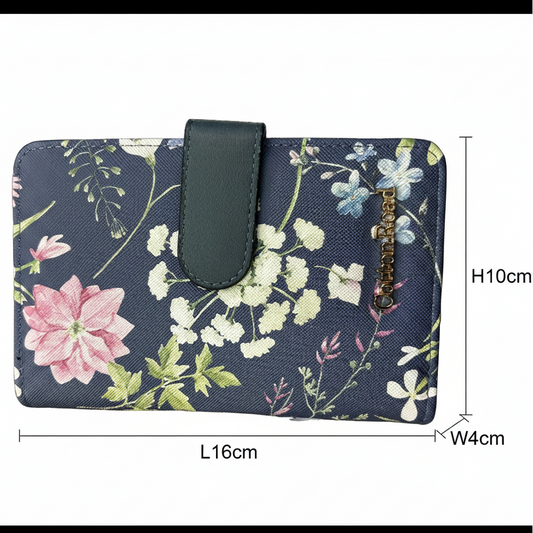 Cotton Road Wallet: Medium BLUE FLORAL PU Leather Wallet SIZE