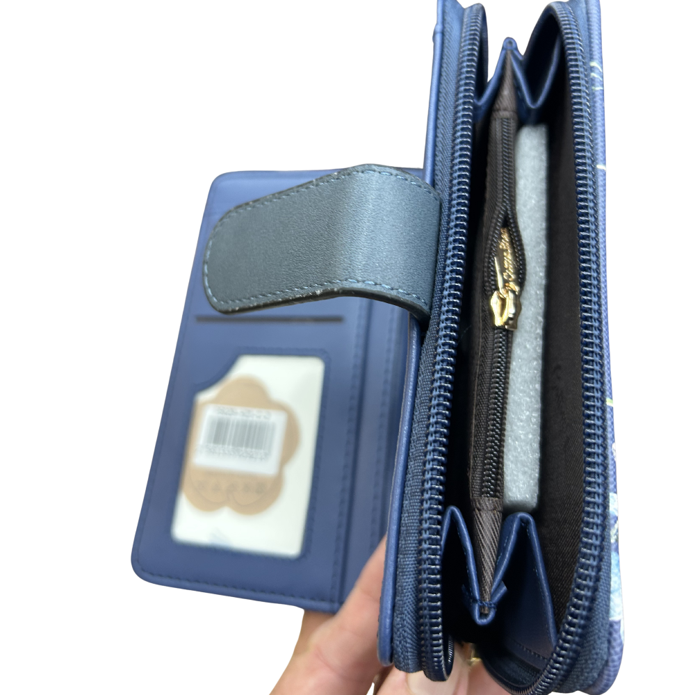 Cotton Road Wallet: Medium BLUE FLORAL PU Leather Wallet ZIP OPEN