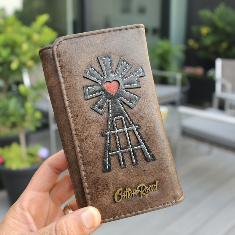 Cotton Road Wallet: Medium BROWN PU Leather Purse with windmill