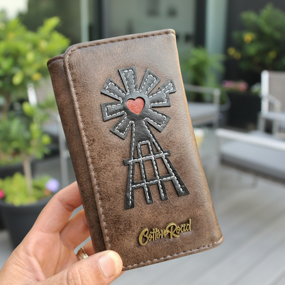 Cotton Road Wallet: Medium BROWN PU Leather Purse with windmill