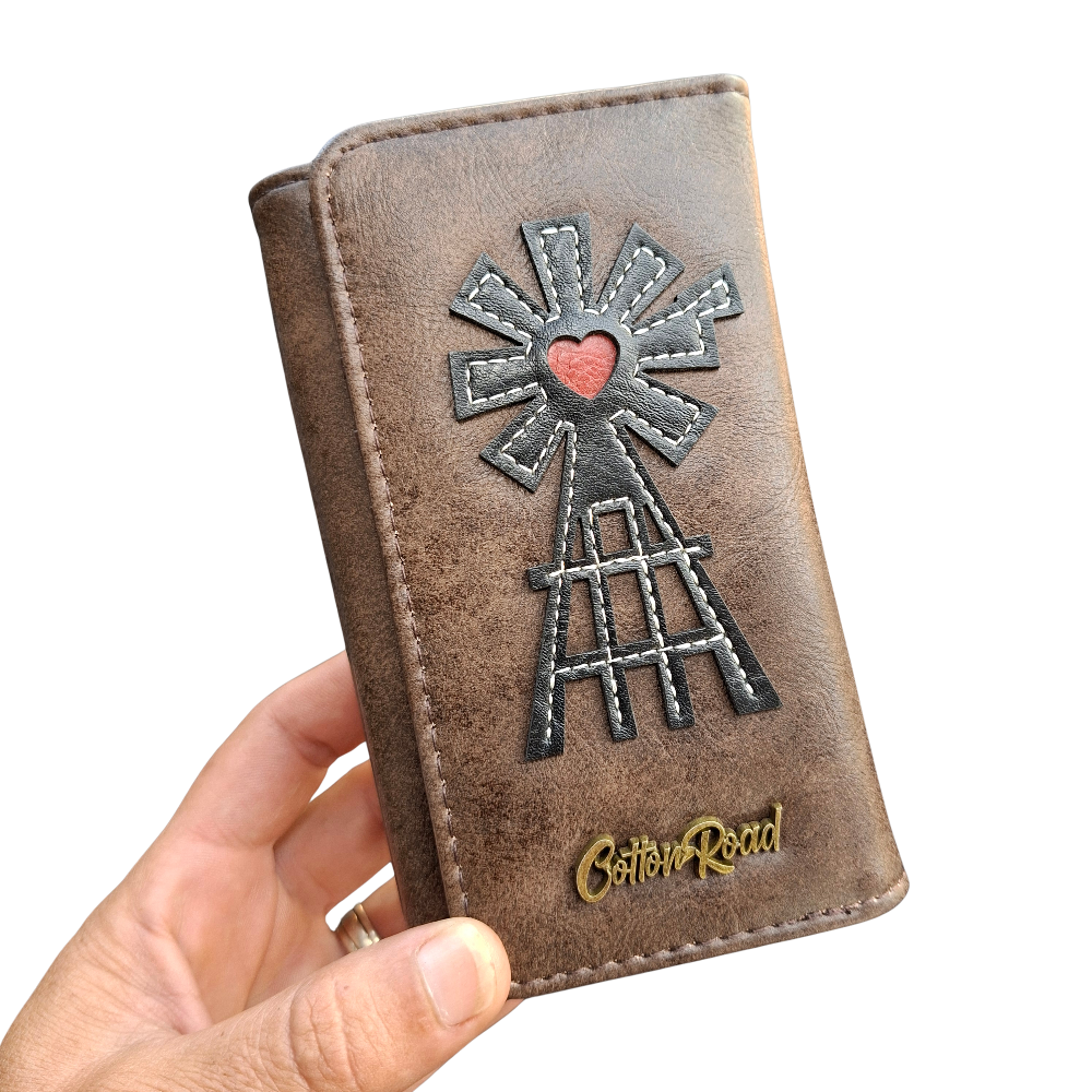 Cotton Road Wallet: Medium BROWN PU Leather Purse with windmill BRANDED VIEW