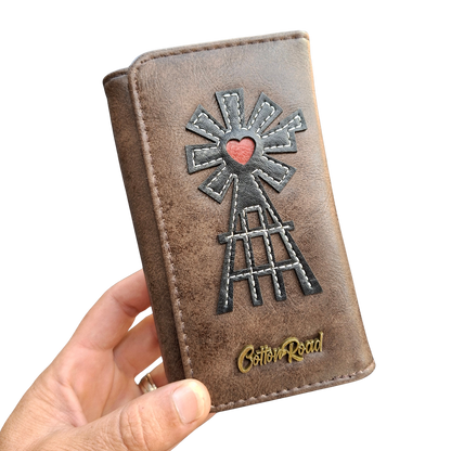 Cotton Road Wallet: Medium BROWN PU Leather Purse with windmill BRANDED VIEW
