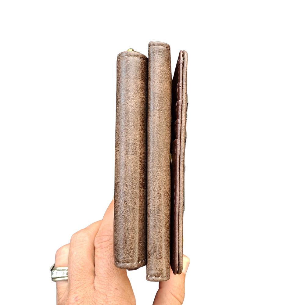 Cotton Road Wallet: Medium BROWN PU Leather Purse with windmill CLOSED 