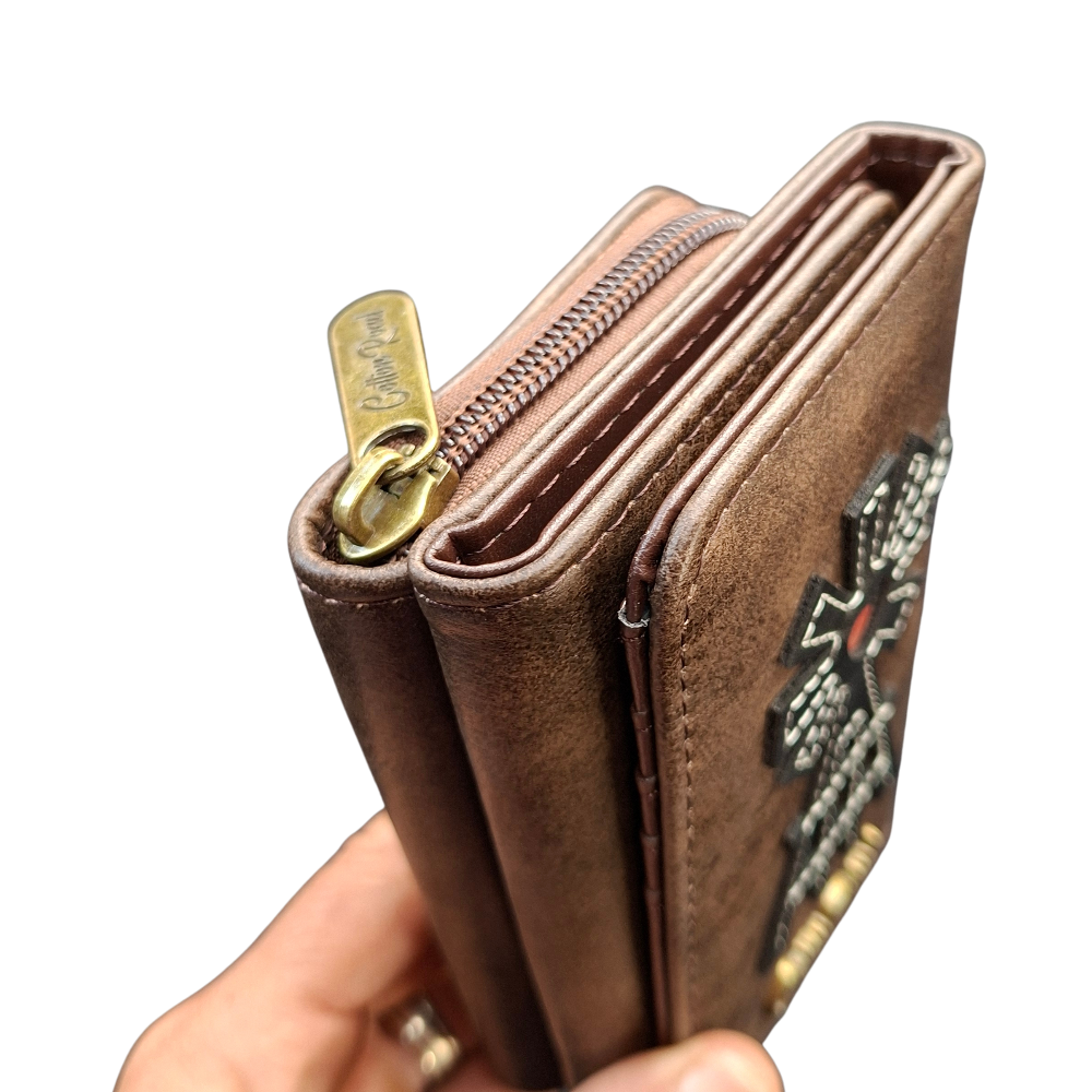 Cotton Road Wallet: Medium BROWN PU Leather Purse with windmill CLOSED FOLD VIEW