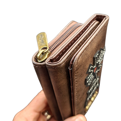 Cotton Road Wallet: Medium BROWN PU Leather Purse with windmill CLOSED FOLD VIEW