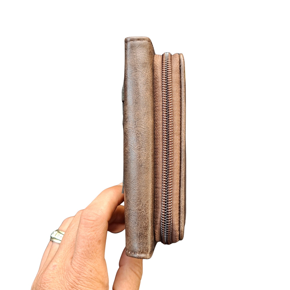 Cotton Road Wallet: Medium BROWN PU Leather Purse with windmill CLOSED VIEW