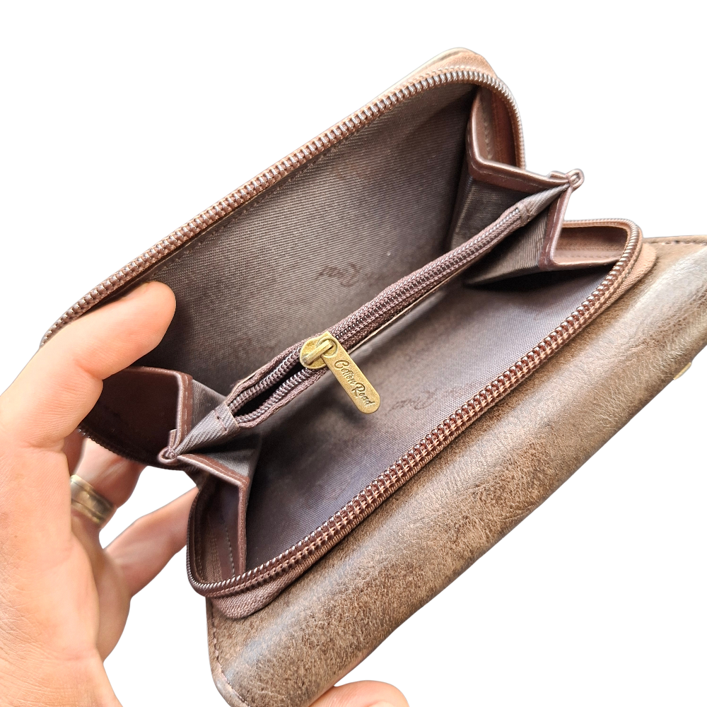 Cotton Road Wallet: Medium BROWN PU Leather Purse with windmill COIN POCKET VIEW