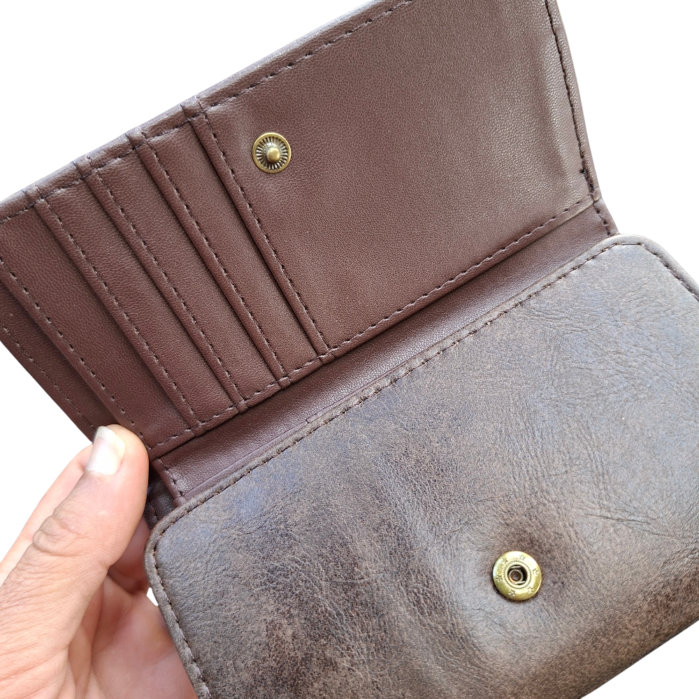 Cotton Road Wallet: Medium BROWN PU Leather Purse with windmill OPEN
