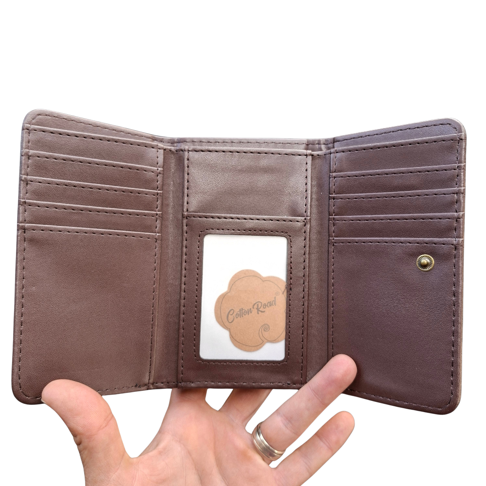 Cotton Road Wallet: Medium BROWN PU Leather Purse with windmill OPENFOLDED