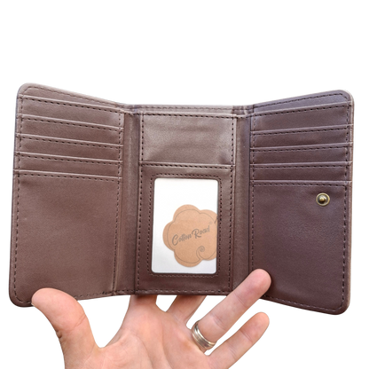Cotton Road Wallet: Medium BROWN PU Leather Purse with windmill OPENFOLDED