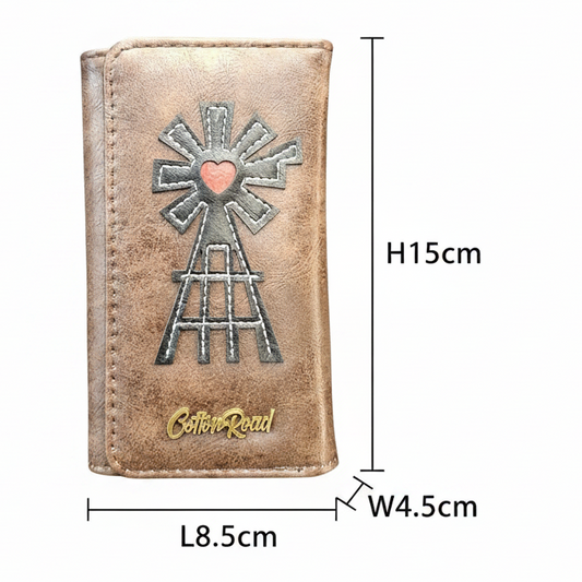 Cotton Road Wallet: Medium BROWN PU Leather Purse with windmill SIZED