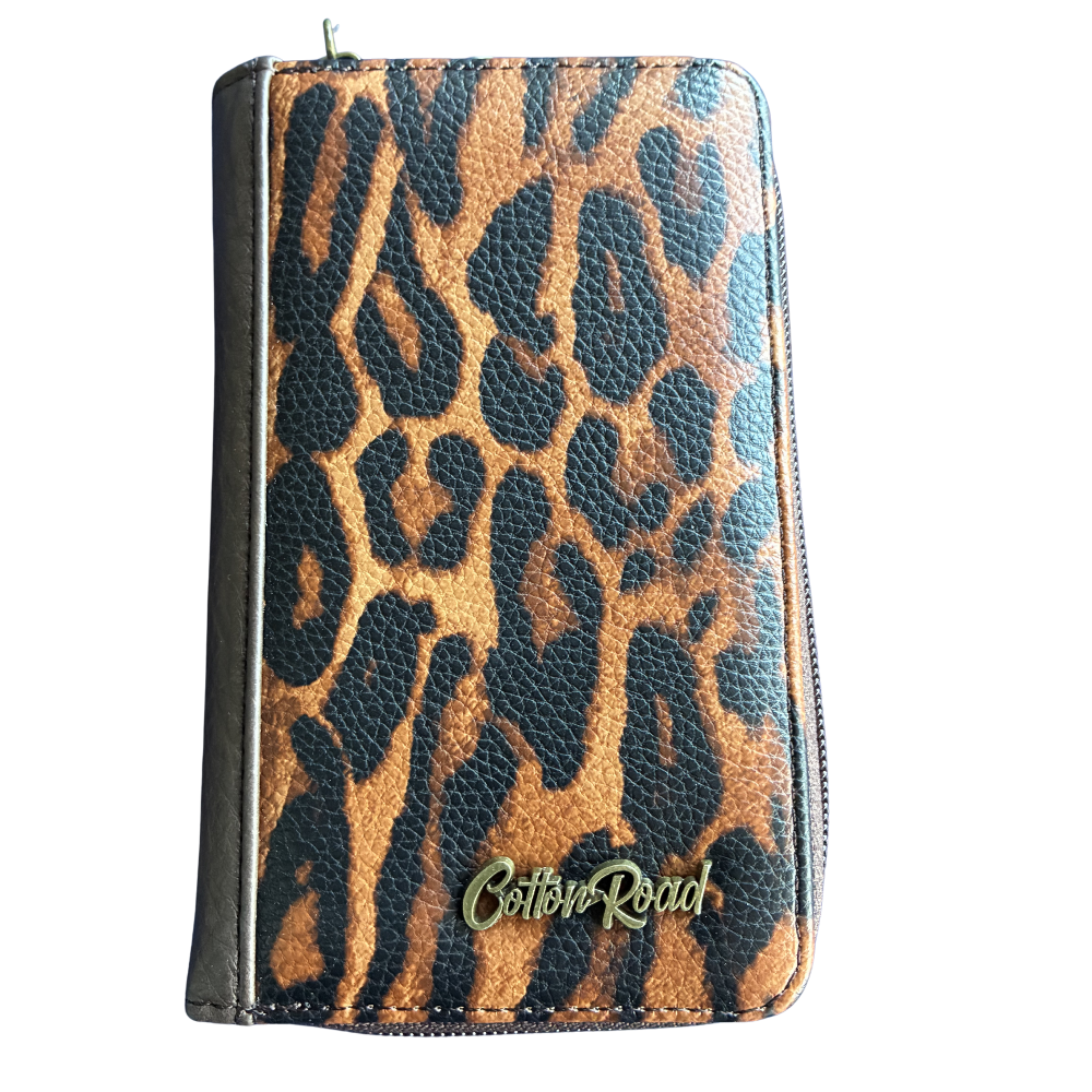 Cotton Road Wallet: Medium BROWN PU Leather with LEOPARD Print