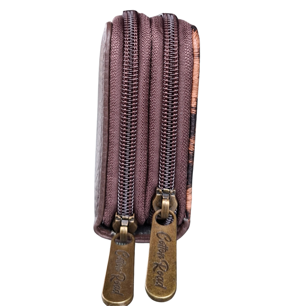 Cotton Road Wallet: Medium BROWN PU Leather with LEOPARD Print CLOSED FRONT VIEW