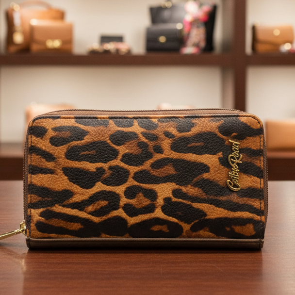 Cotton Road Wallet: Medium BROWN PU Leather with LEOPARD Print LIFESTYLE