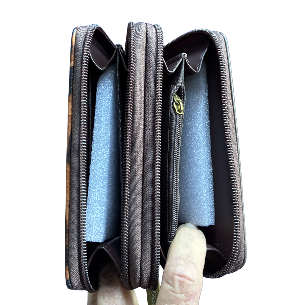 Cotton Road Wallet: Medium BROWN PU Leather with LEOPARD Print OPEN