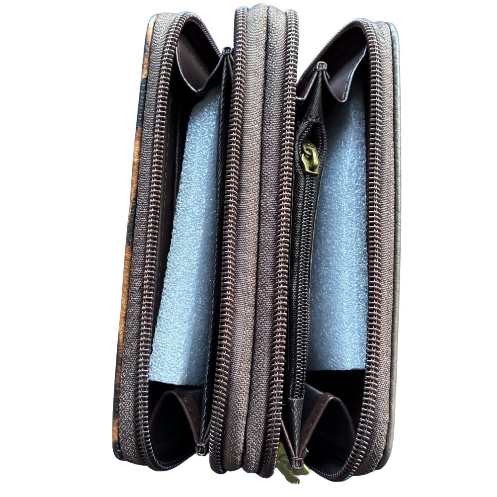 Cotton Road Wallet: Medium BROWN PU Leather with LEOPARD Print OPEN FRONT VIEW