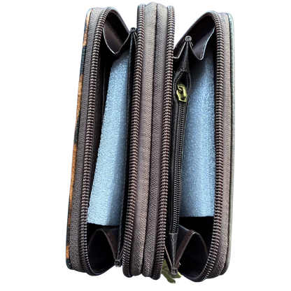 Cotton Road Wallet: Medium BROWN PU Leather with LEOPARD Print OPEN FRONT VIEW