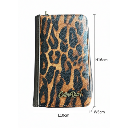 Cotton Road Wallet: Medium BROWN PU Leather with LEOPARD Print SIZE