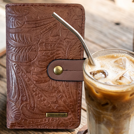 Cotton Road Wallet: Medium BROWN Organiser with Embossed Vine