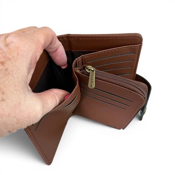 Cotton Road Wallet: Medium Brown Embossed PU Leather with Clip TOP OPEN VIEW