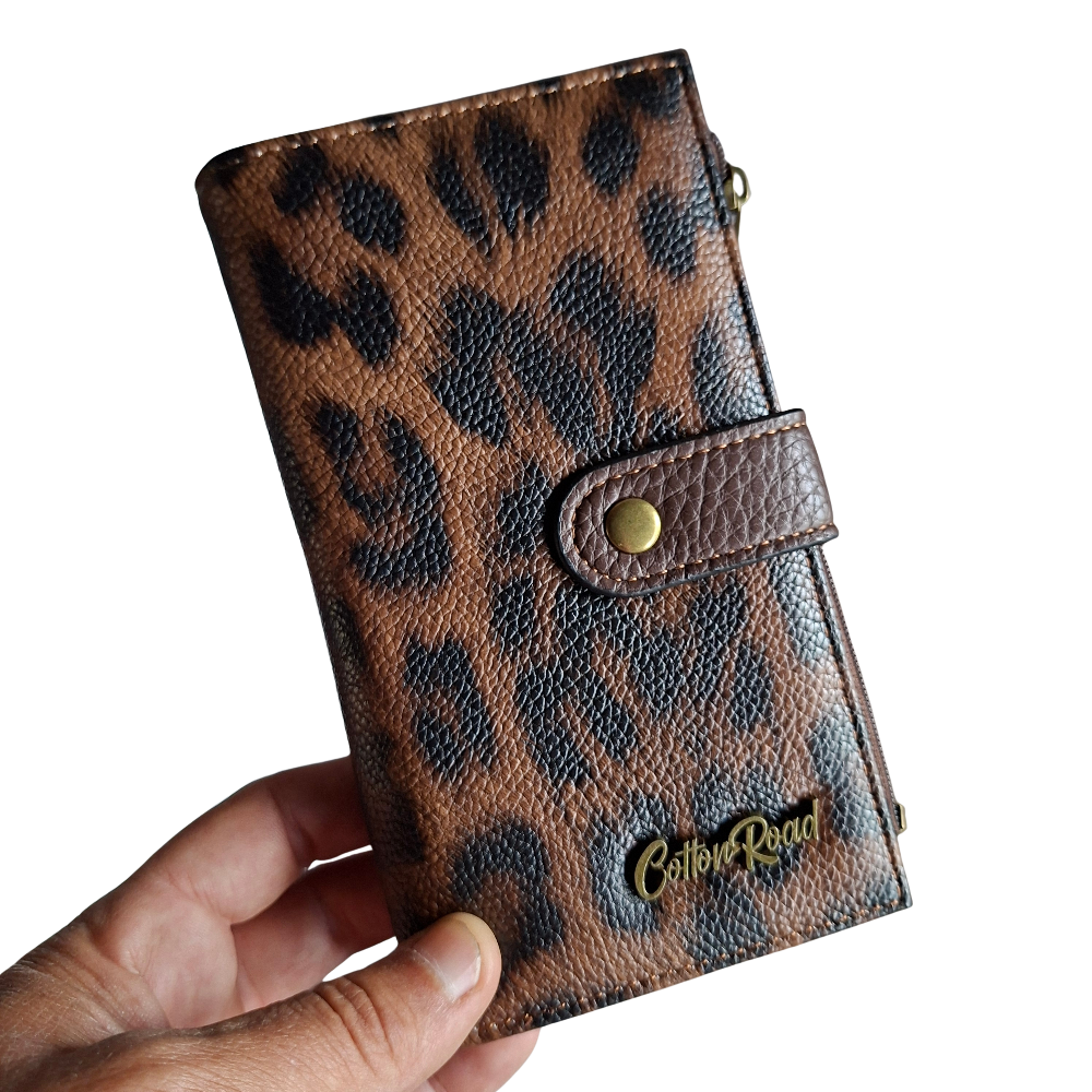 Cotton Road Wallet: Medium COFFEE BROWN PU Leather Press-Stud Organiser with LEOPARD Print