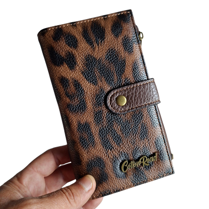 Cotton Road Wallet: Medium COFFEE BROWN PU Leather Press-Stud Organiser with LEOPARD Print