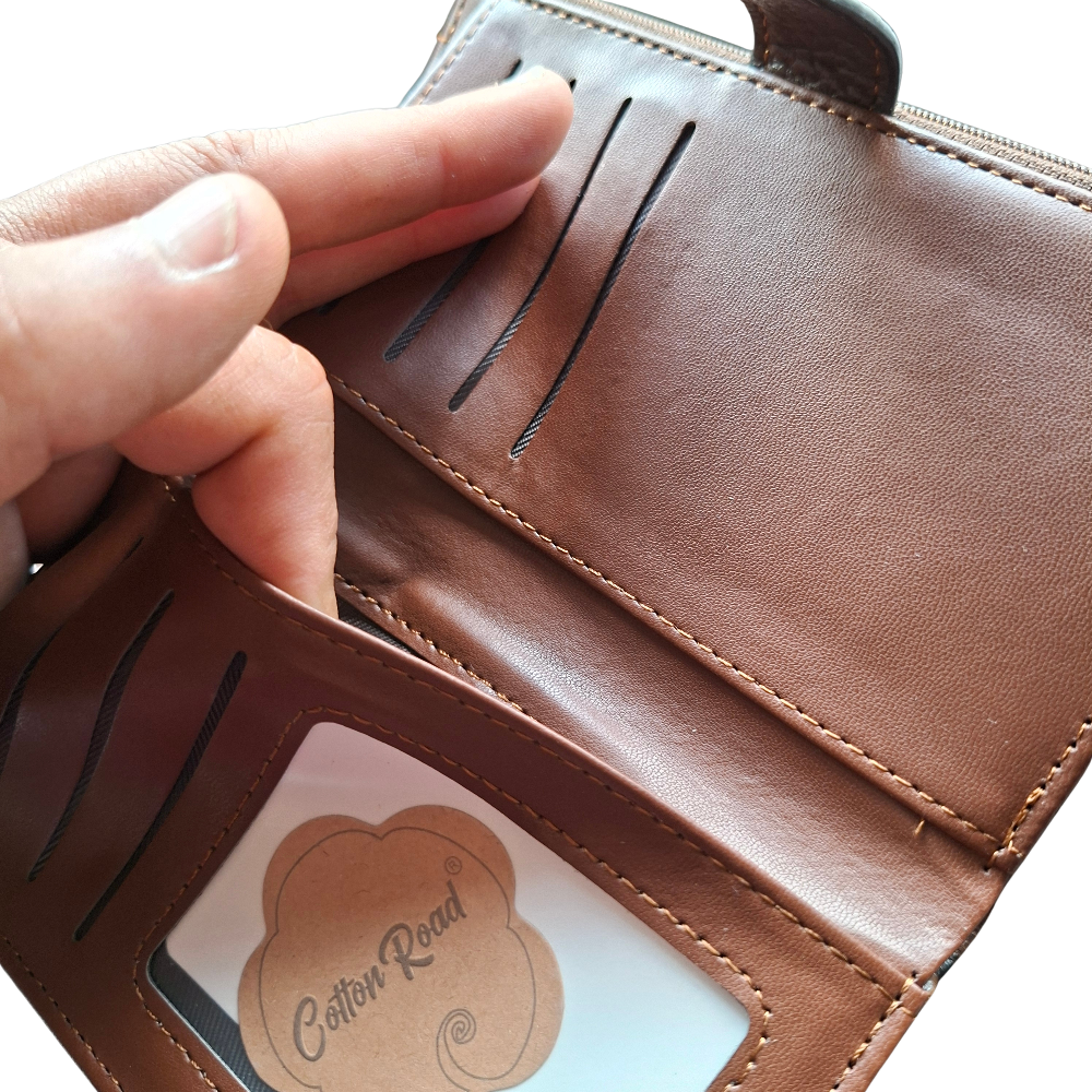 Cotton Road Wallet: Medium COFFEE BROWN PU Leather Press-Stud Organiser with LEOPARD Print front open card and note pocket view