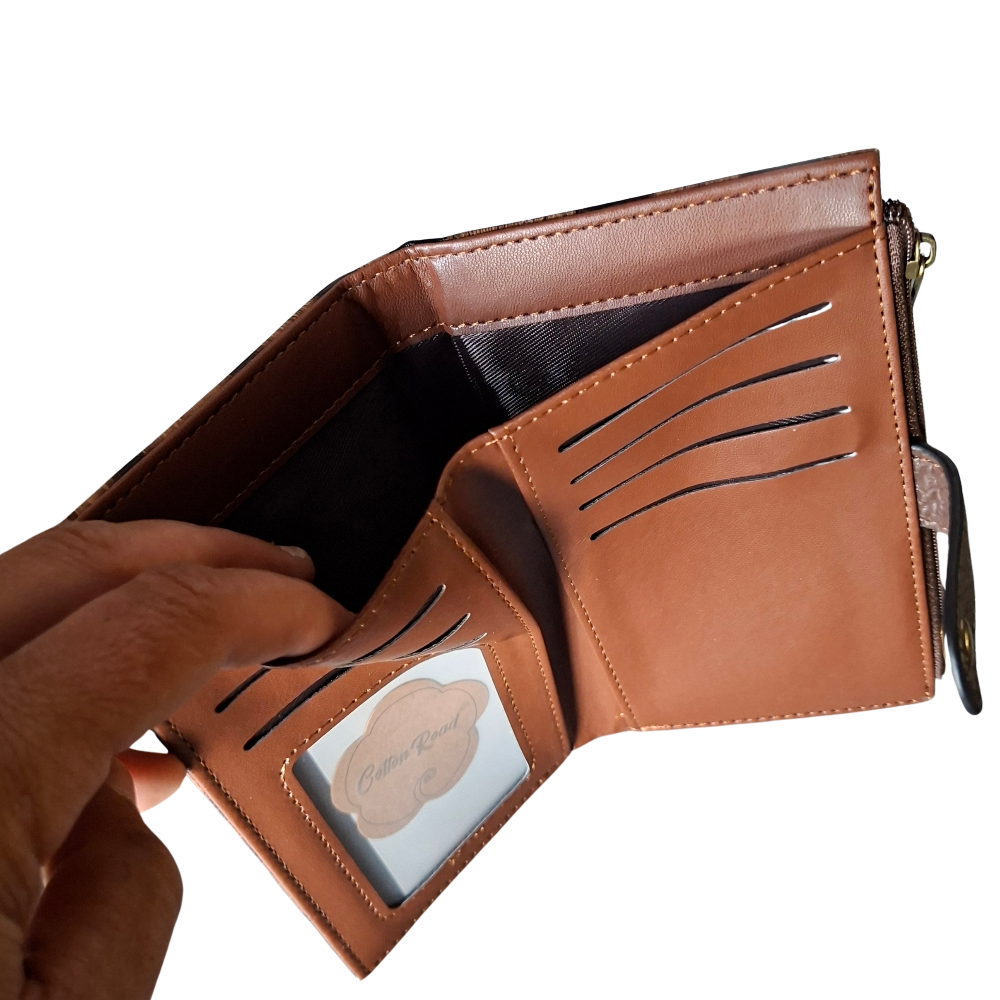Cotton Road Wallet: Medium COFFEE BROWN PU Leather Press-Stud Organiser with LEOPARD Print front open card and note pockets view