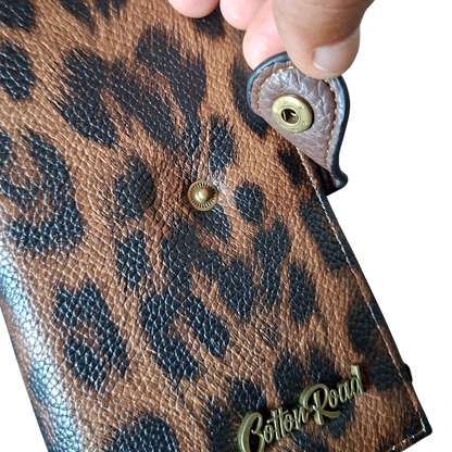 Cotton Road Wallet: Medium COFFEE BROWN PU Leather Press-Stud Organiser with LEOPARD Print front open clip